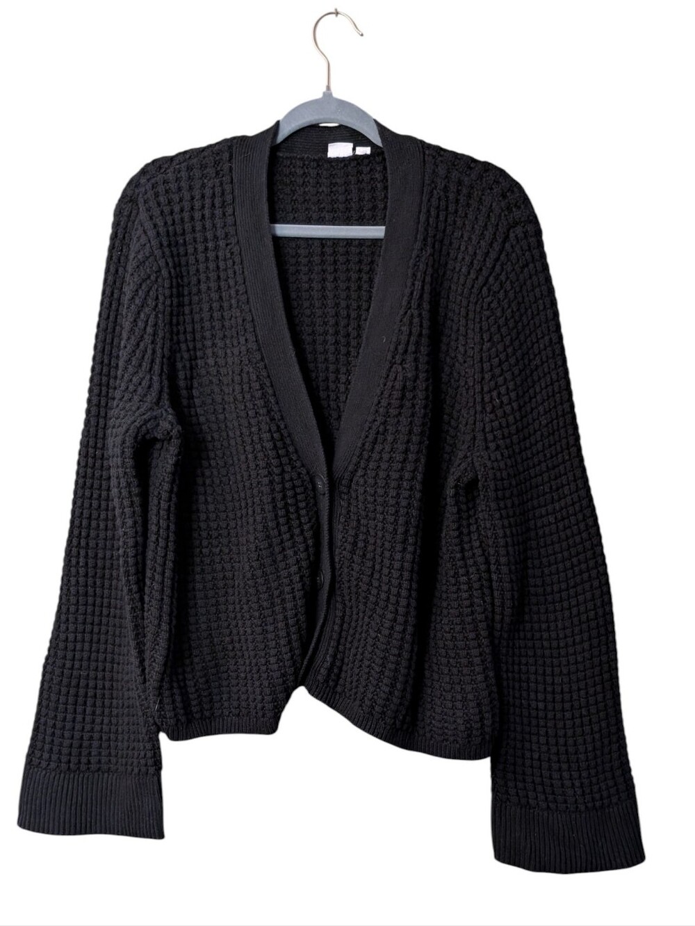Gap Factory cardigan black waffle knit oversized cozy size XL balloon sleeves